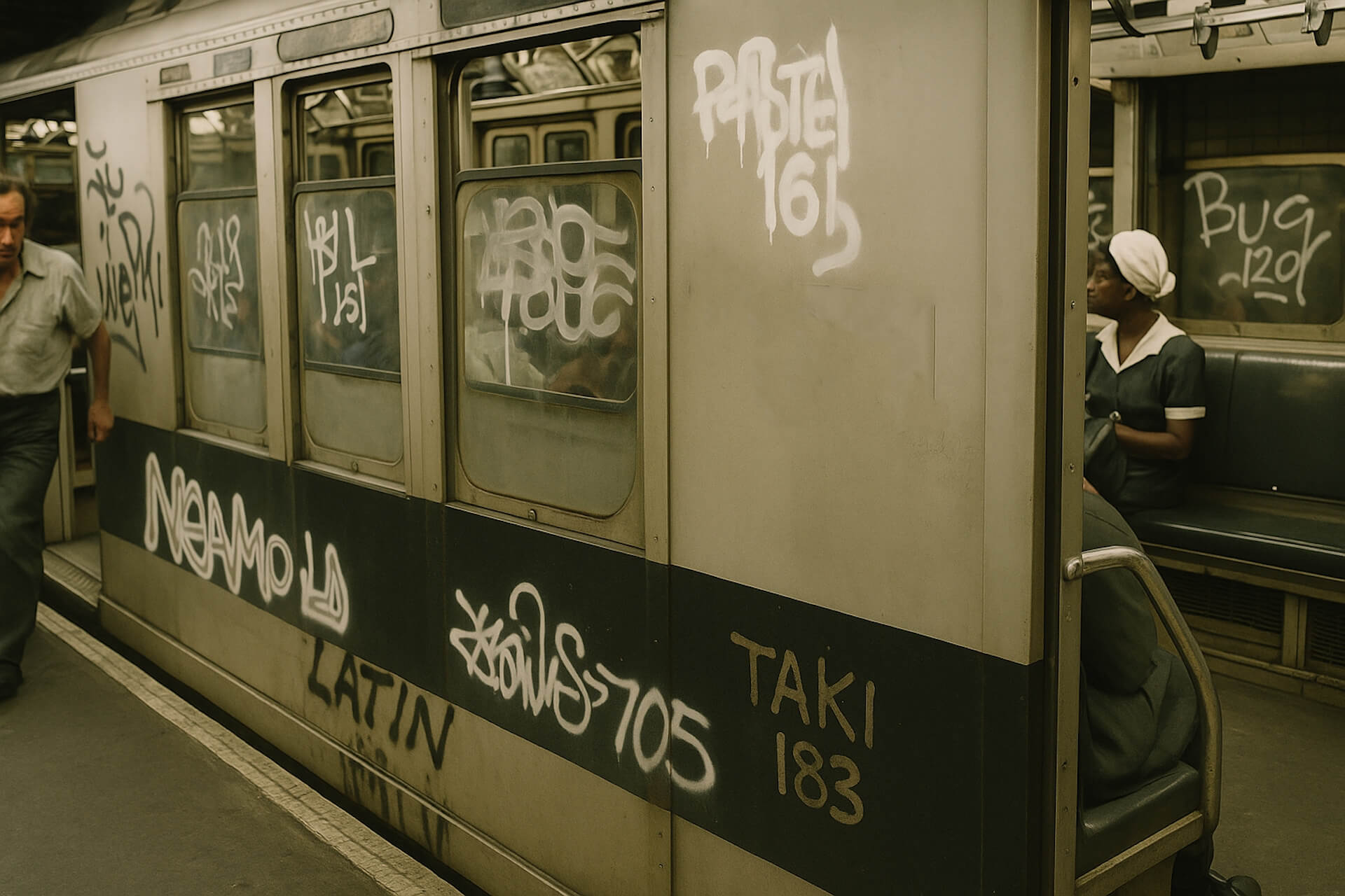 Subway-Waggon mit TAKI 183 und weiteren Graffiti-Tags in New York City um 1971